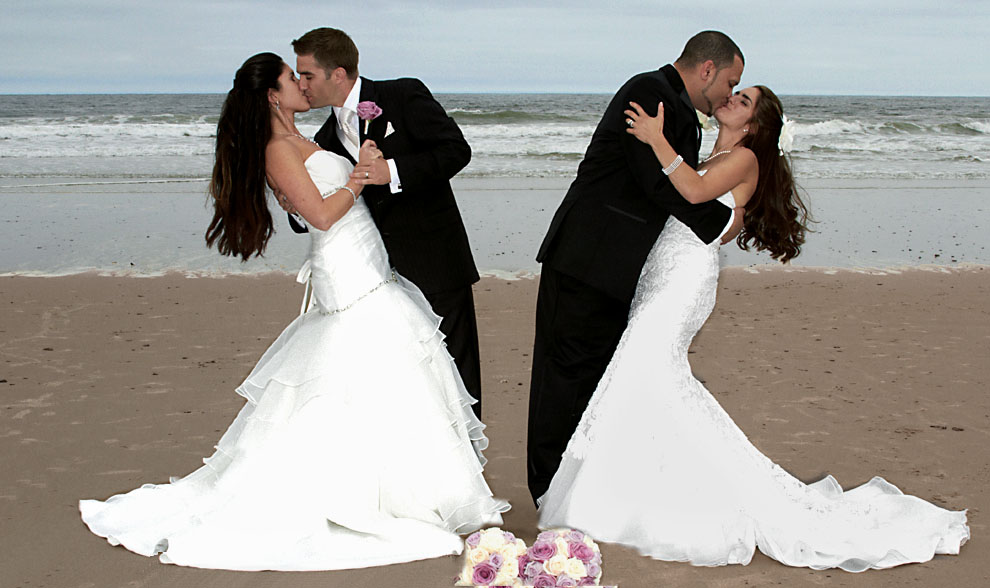wedding photo of two couples on NH beach